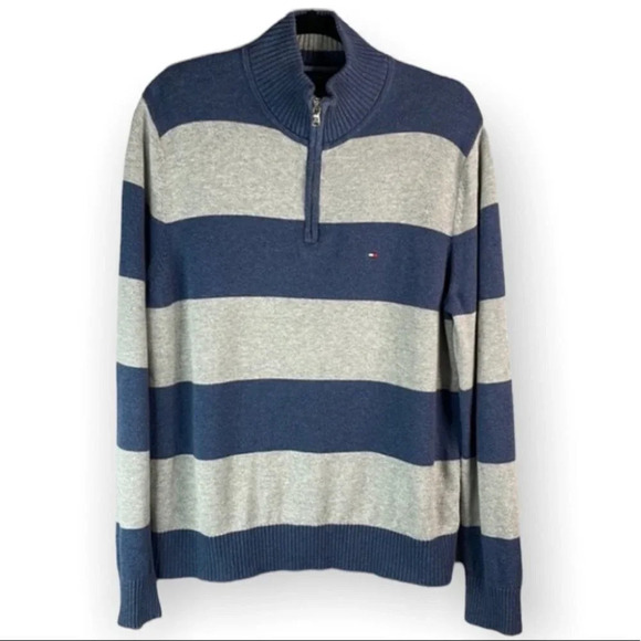 TOMMY HILFIGER Mens Striped Half Zip Sweater Steel Blue Grey Logo Preppy Size M - Picture 2 of 12